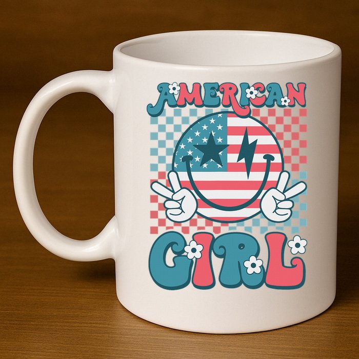 Retro Groovy Fourth 4th Of July Smile American Girl 11oz C Handle Ceramic Mug