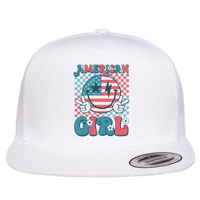 Retro Groovy Fourth 4th Of July Smile American Girl Flat Bill Trucker Hat