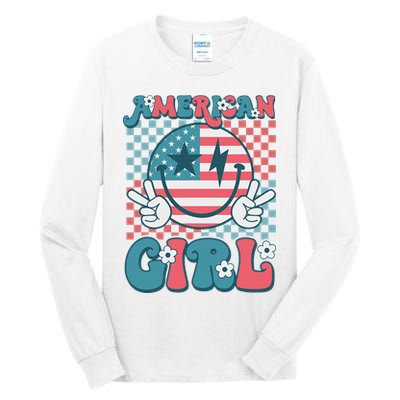 Retro Groovy Fourth 4th Of July Smile American Girl Tall Long Sleeve T-Shirt