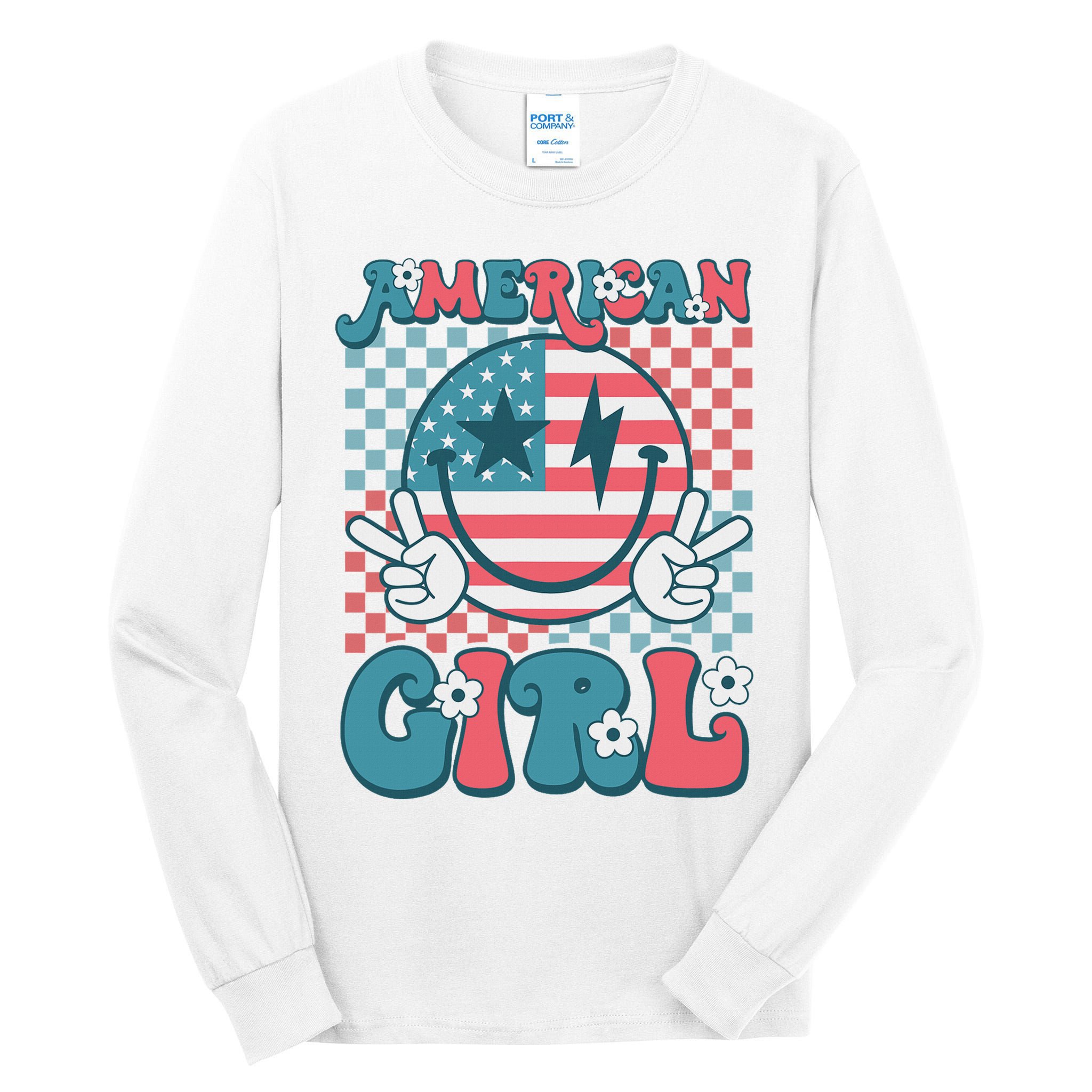 Retro Groovy Fourth 4th Of July Smile American Girl Tall Long Sleeve T-Shirt