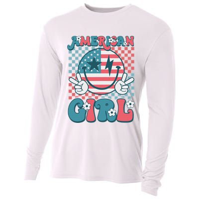 Retro Groovy Fourth 4th Of July Smile American Girl Cooling Performance Long Sleeve Crew