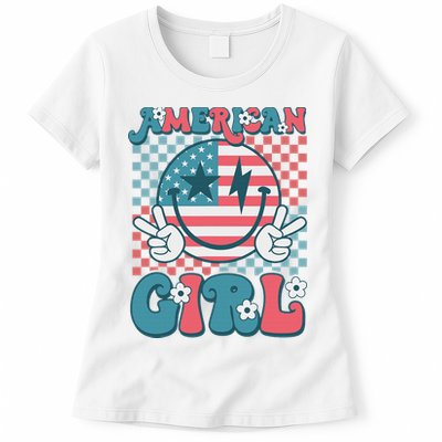 Retro Groovy Fourth 4th Of July Smile American Girl Womens T-Shirt