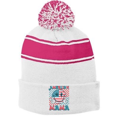 Retro Groovy Fourth 4th Of July Smile For Mom American Mama Stripe Pom Pom Beanie