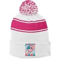 Retro Groovy Fourth 4th Of July Smile For Mom American Mama Stripe Pom Pom Beanie