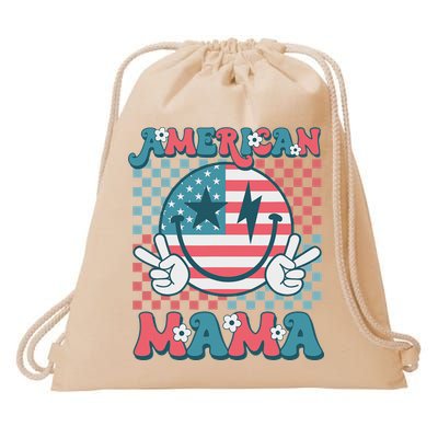 Retro Groovy Fourth 4th Of July Smile For Mom American Mama Drawstring Bag