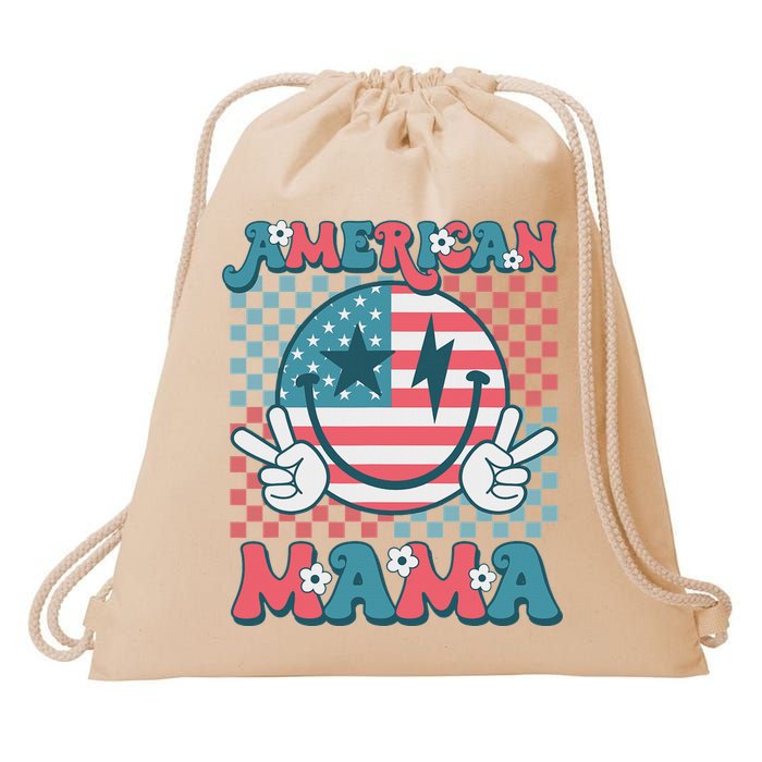 Retro Groovy Fourth 4th Of July Smile For Mom American Mama Drawstring Bag