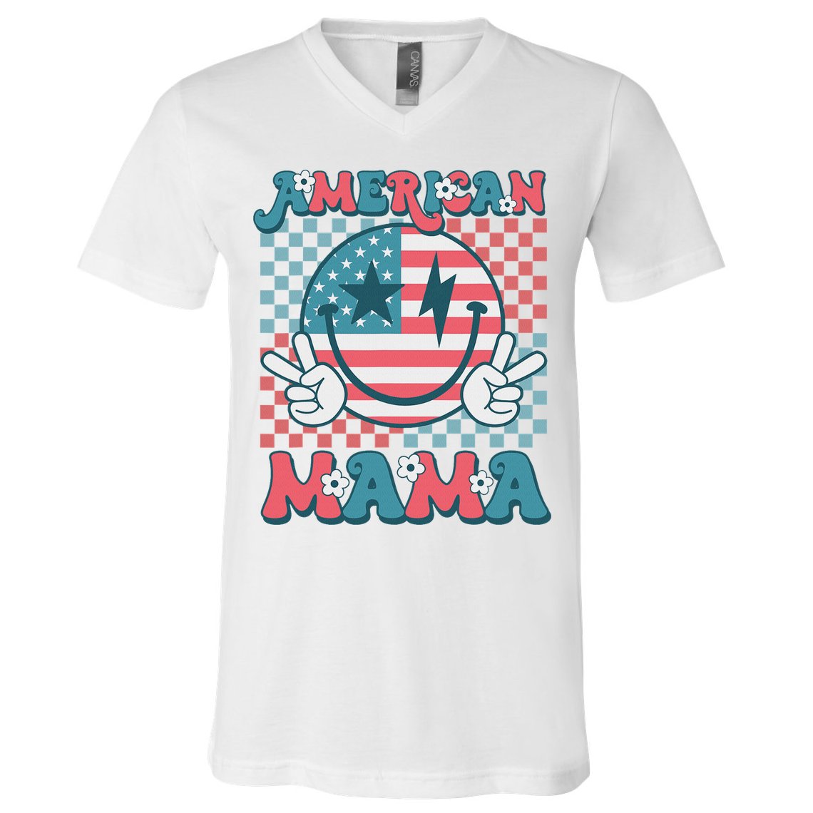Retro Groovy Fourth 4th Of July Smile For Mom American Mama V-Neck T-Shirt