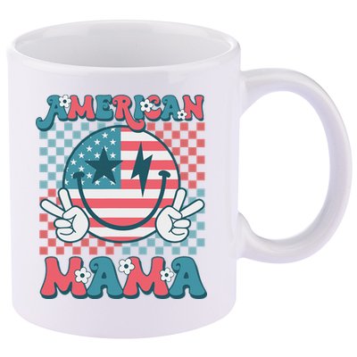 Retro Groovy Fourth 4th Of July Smile For Mom American Mama 11oz C Handle Ceramic Mug