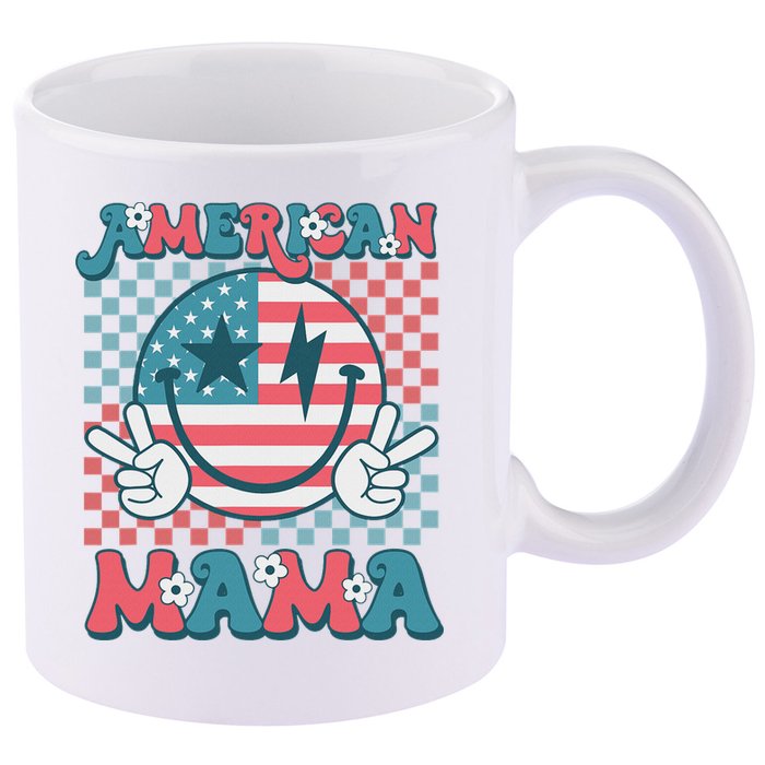 Retro Groovy Fourth 4th Of July Smile For Mom American Mama 11oz C Handle Ceramic Mug