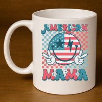 Retro Groovy Fourth 4th Of July Smile For Mom American Mama 11oz C Handle Ceramic Mug