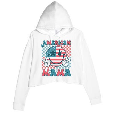 Retro Groovy Fourth 4th Of July Smile For Mom American Mama Crop Fleece Hoodie