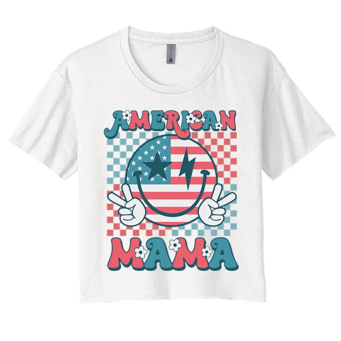 Retro Groovy Fourth 4th Of July Smile For Mom American Mama Women's Crop Top Tee