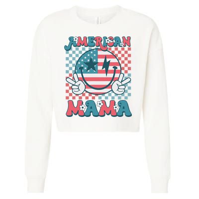 Retro Groovy Fourth 4th Of July Smile For Mom American Mama Cropped Pullover Crew