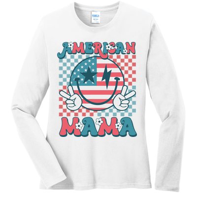 Retro Groovy Fourth 4th Of July Smile For Mom American Mama Ladies Long Sleeve Shirt