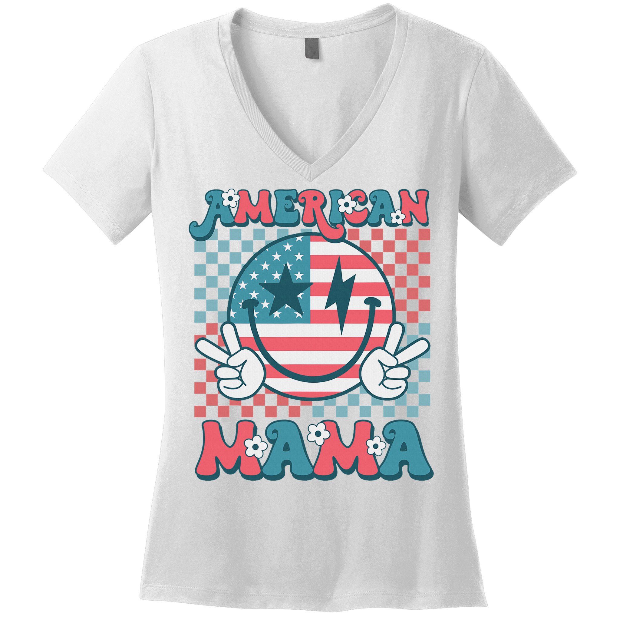 Retro Groovy Fourth 4th Of July Smile For Mom American Mama Women's V-Neck T-Shirt