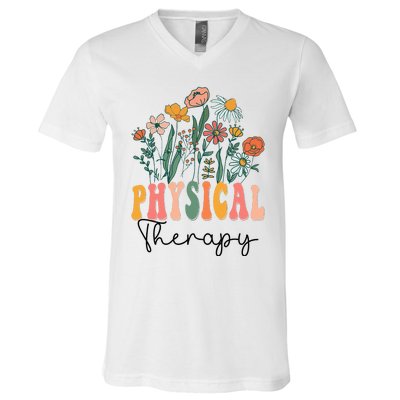 Retro Groovy Floral Physical Therapy Wildflower V-Neck T-Shirt