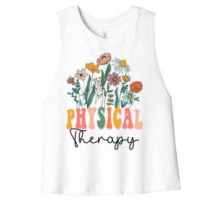 Retro Groovy Floral Physical Therapy Wildflower Women's Racerback Cropped Tank