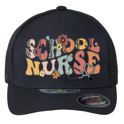 Retro Groovy Floral School Nurse Appreciation Back To School Flexfit Unipanel Trucker Cap