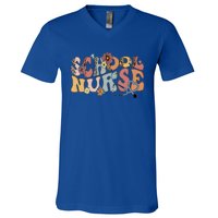 Retro Groovy Floral School Nurse Appreciation Back To School V-Neck T-Shirt