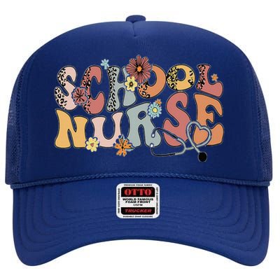 Retro Groovy Floral School Nurse Appreciation Back To School High Crown Mesh Back Trucker Hat