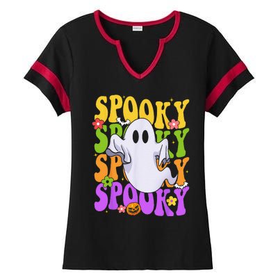 Retro Groovy Ghost Halloween Costume SPOOKY VIBES Ladies Halftime Notch Neck Tee