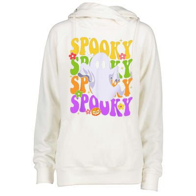 Retro Groovy Ghost Halloween Costume SPOOKY VIBES Womens Funnel Neck Pullover Hood