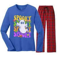 Retro Groovy Ghost Halloween Costume SPOOKY VIBES Women's Long Sleeve Flannel Pajama Set 