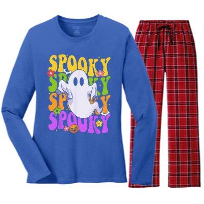 Retro Groovy Ghost Halloween Costume SPOOKY VIBES Women's Long Sleeve Flannel Pajama Set 