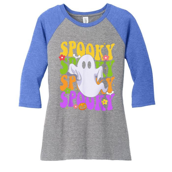 Retro Groovy Ghost Halloween Costume SPOOKY VIBES Women's Tri-Blend 3/4-Sleeve Raglan Shirt