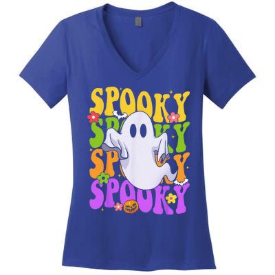 Retro Groovy Ghost Halloween Costume SPOOKY VIBES Women's V-Neck T-Shirt