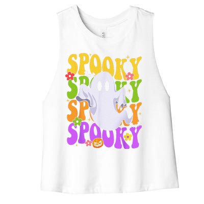 Retro Groovy Ghost Halloween Costume SPOOKY VIBES Women's Racerback Cropped Tank