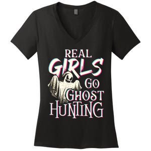 Real Girl Go Ghost Hunting Paranormal Halloween Activity Women's V-Neck T-Shirt