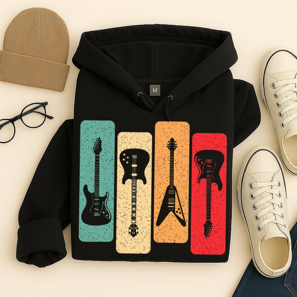 Retro Guitars Guitarist Electric Bass Guitar Rock Music Hoodie