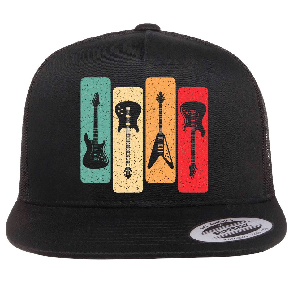 Retro Guitars Guitarist Electric Bass Guitar Rock Music Flat Bill Trucker Hat