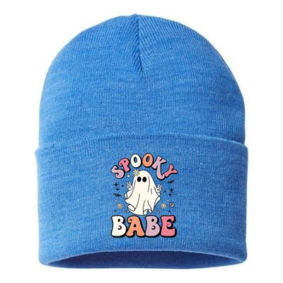 Retro Groovy Ghost Boo Stay Spooky Babe Halloween Costume Gift Sustainable Knit Beanie