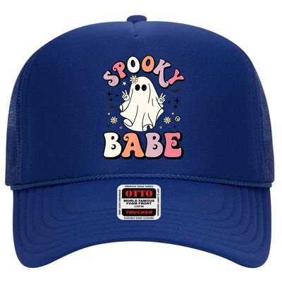 Retro Groovy Ghost Boo Stay Spooky Babe Halloween Costume Gift High Crown Mesh Back Trucker Hat