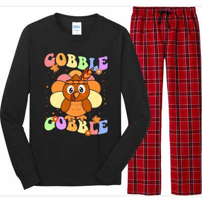 Retro Groovy Gobble Gobble Turkey Pilgrim Thanksgiving Gift Long Sleeve Pajama Set