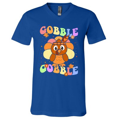 Retro Groovy Gobble Gobble Turkey Pilgrim Thanksgiving Gift V-Neck T-Shirt