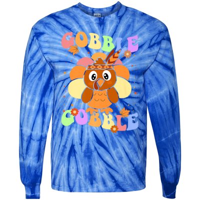 Retro Groovy Gobble Gobble Turkey Pilgrim Thanksgiving Gift Tie-Dye Long Sleeve Shirt