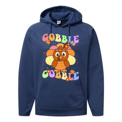 Retro Groovy Gobble Gobble Turkey Pilgrim Thanksgiving Gift Performance Fleece Hoodie