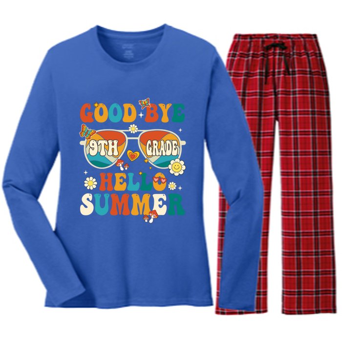 Retro Groovy Goodbye 9th Grade Graduation Hello Summer Funny Gift Women's Long Sleeve Flannel Pajama Set 