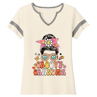 Retro Groovy Grandma Messy Bun  Hippie Family Matching Ladies Halftime Notch Neck Tee