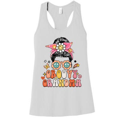 Retro Groovy Grandma Messy Bun  Hippie Family Matching Women's Racerback Tank