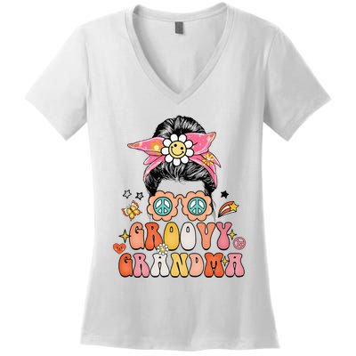 Retro Groovy Grandma Messy Bun  Hippie Family Matching Women's V-Neck T-Shirt