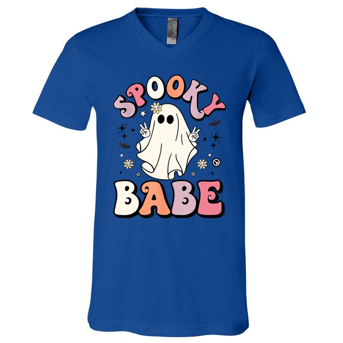 Retro Groovy Ghost Boo Stay Spooky Babe Halloween Costume Gift V-Neck T-Shirt