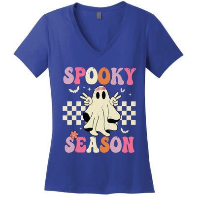 Retro Groovy Ghost Spooky Season Ghost Boo Halloween Costume Cute Gift Women's V-Neck T-Shirt