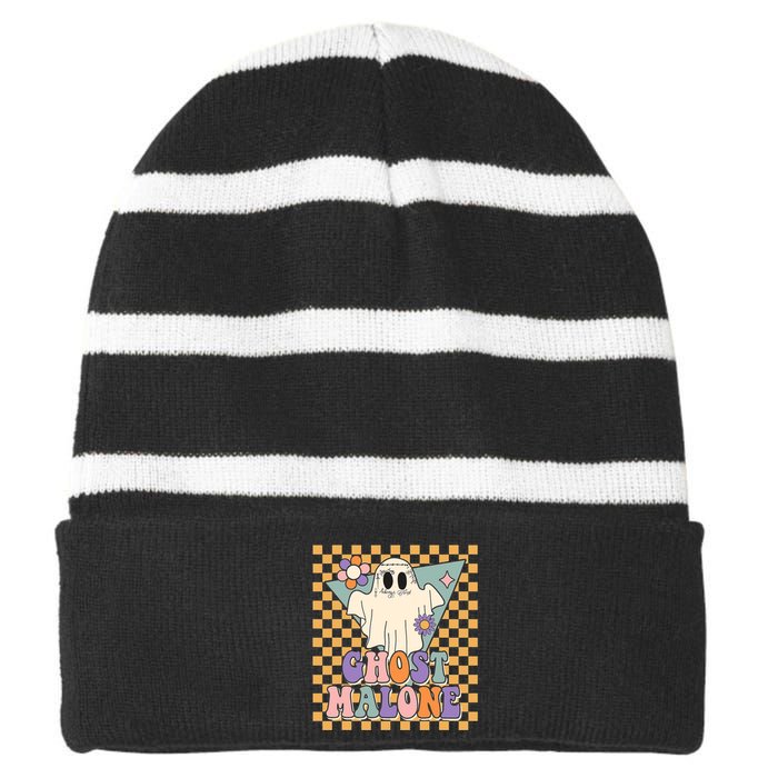 Retro Groovy Ghost Malone Funny Cute For Halloween Costume Striped Beanie with Solid Band