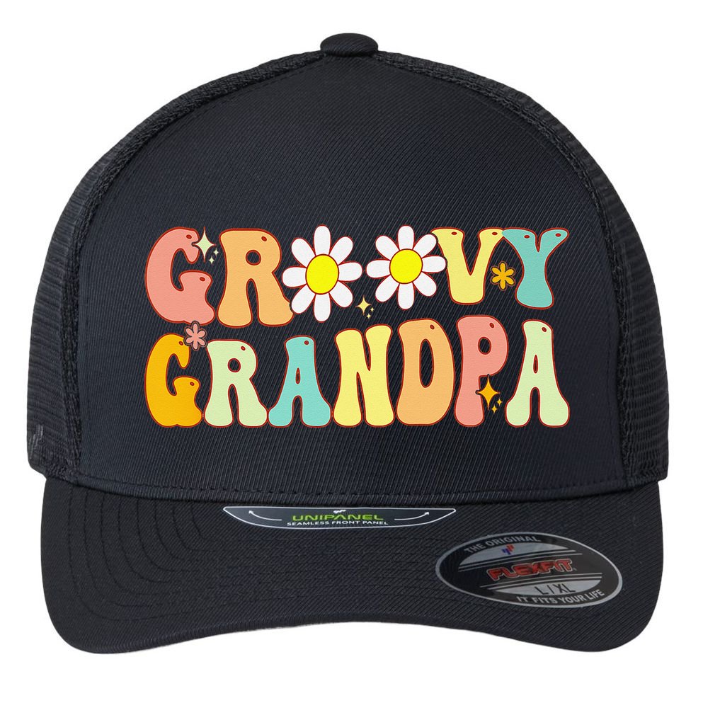 Retro Groovy Grandpa Birthday Matching Family Father's Day Flexfit Unipanel Trucker Cap