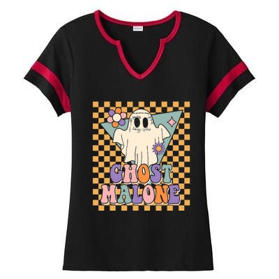 Retro Groovy Ghost Malone Funny Cute For Halloween Costume Ladies Halftime Notch Neck Tee