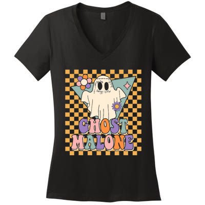 Retro Groovy Ghost Malone Funny Cute For Halloween Costume Women's V-Neck T-Shirt